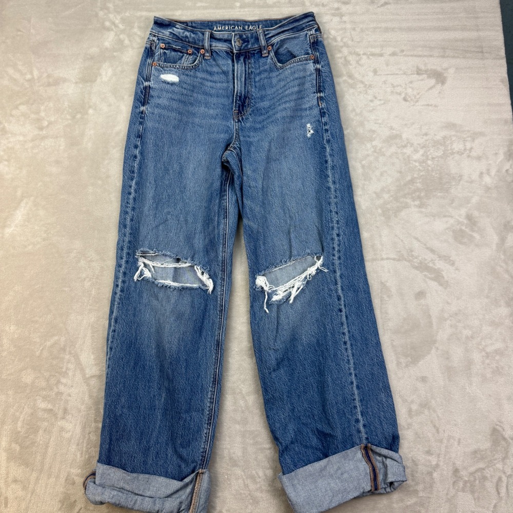 American Eagle Baggy Wide Leg Jeans Womens 4 Blue Distressed Super High‎ Rise